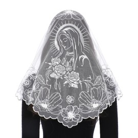 Bozidol Veils for Church Catholic, Triangle White Virgin Mary with Camellia Flower Embroidered Lace Mantilla Chapel Veil, Latin Mass Prayer Head Coverings for Women
