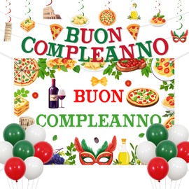 Funmemoir Italy Birthday Party Decorations, Buon Compleanno Backdrop, Banner, Hanging Swirls, Balloons, I Love Italy Italian Pizza Food Happy Birthday Party Decorations