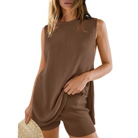 Panadila Womens 2024 Summer Lounge Sets 2 Piece Outfits Beach Vacation Outfits Tank Top and Shorts Sweater Matching Set (Brown,M)