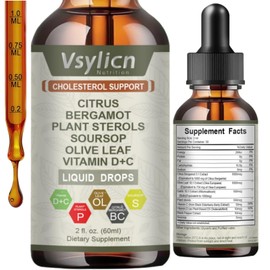 Cholesterol Support Drops with Citrus Bergamot & Plant Sterols – Heart & Lipid Health Supplement with Soursop, Olive Leaf, Vitamins D & C – Natural Vegan Liquid Drops, Alcohol-Free, 2 fl oz (60ml)