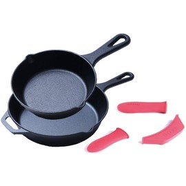HomeVss Cast Iron， Pre Seasoned Skillet with Silicone Handle (8 inch + 10 inch)