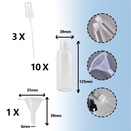 ZoeTekway Pack of 10 Transparent 100 ml Small Bottles Hand Luggage Travel Set with Flip Cap Empty Travel Bottles for Filling (with Three Nozzles and a Funnel)
