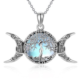 YAFEINI Wiccan Moon Necklace Sterling Silver Triple Moon Goddess Witch Necklace Moonstone Tree of Life Pendant Necklace Pagan Protection Jewelry for Women
