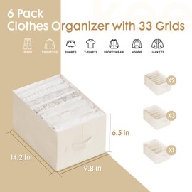 Criusia 6 Pack Large Clothes Organizer, Wardrobe Closet Organizer and Storage with Handles, Foldable Fabric Closet Organizers Dividers for Clothing, Pants, Jeans, Sweater, T-shirts, Beige