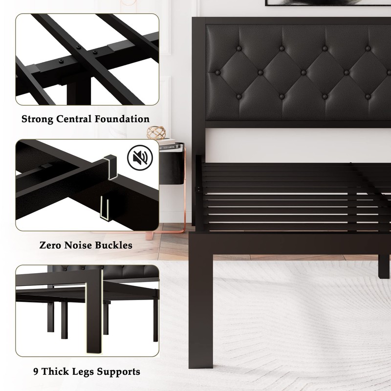 Feonase Queen Size Metal Bed Frame with Faux Leather Button