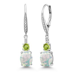 Gem Stone King 925 Sterling Silver White Opal and Green Peridot Dangle Earrings for Women with Lab Grown Diamond (2.63 Cttw, Oval Cabochon 9X7MM)
