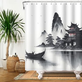 SDOTPMT 140 x 180 cm Japanese Asian Ink Painting Shower Curtain Foggy Mountain Boat Wild Goose Bath Curtain Outdoor Natural Landscape Bathroom Curtain for Bathroom Decor with Hooks