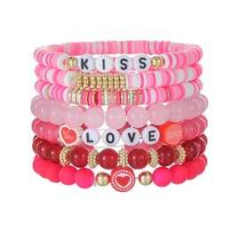 LPYO Valentine’s Day Bracelet Sets for Women Trendy Love Heart Clay Red Pink Bead Bracelet Charming Bulk Cute Pink Red Stackable Stretch Bracelets for Valentines Day Accessories (love)