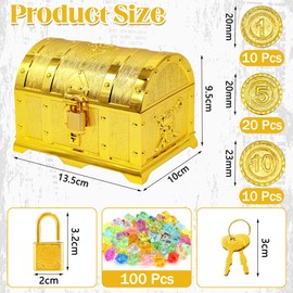 Forbabe Children's Birthday Treasure Chest with Pirate Gold Coins Diamond, Treasure Chest Children's Birthday Gold Treasure Chest with Lock and Key for Storage and Decorating, Children's Gift