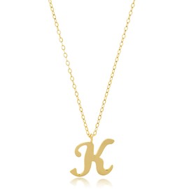MAX + STONE 10k Yellow Gold Small Script Initial Letter K Pendant Necklace for Women Adjustable Chain Size 16 to 18 inches with Spring Ring Clasp