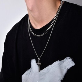 Lantine Layered Chain Necklace 316L Stainless Steel Cuban Chain Stacking Square Rolo Box Chain Cross Pendant Necklace for Men Women