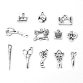 Symphonyw Sewing Charms Collection, 24 Pieces Mixed Antique Silver Scissor Yarn Button Sewing Machine Charm Pendants for DIY Jewelry Making and Crafting