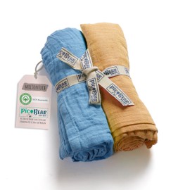 pic Bear Muslin Molleton Cloths 80 x 80 cm – Ultra Soft Multitalents for Baby Everyday Use: Burp Cloth, Comforter & More – 100% Cotton – Pack of 2 (Airy Blue + Tender Peach)