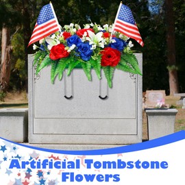 Lemosae Memorial Day Headstone Flower Saddle Artificial Cemetery Grave Flowers for Veterans 4th of July Independence Day Patriotic Tombstone Gravestone Arrangements Outdoor Decorations