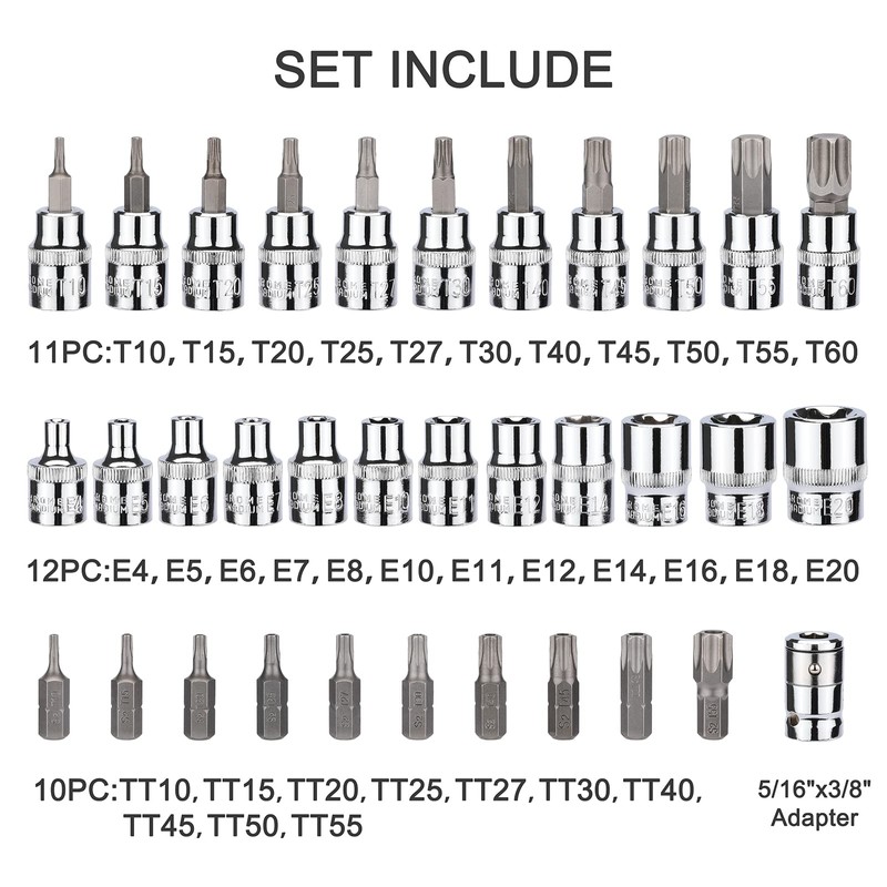 CASOMAN 34 Pieces 3/8-Inch Drive Torx Bit Socket and E-Torx