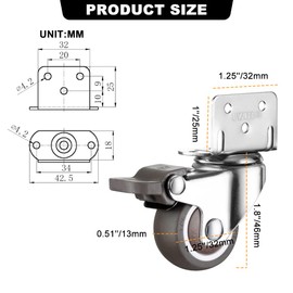 bowarepro 4 Castors for Furniture, 360° Rotatable Furniture Castors with Brake, 32 mm Swivel Castor, 15 kg per Wheel, L-shaped Transport Castors, Suitable for Baby Bed, Crib, Flower Stand, Furniture