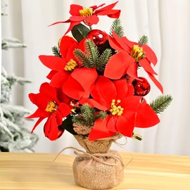 Aiouclay Artificial Poinsettias Flowers Bouquet Large Premier Silk Poinsettia Plant Artificial Flowers Pot Centerpiece Table Decoration for Dining Room,Home Office Christmas Decoration (Red)