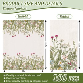 FYSUIMU 100Pcs Spring Floral Guest Napkin Wildflower Disposable Paper Napkin Botanical Green Dinner Hand Napkin for Home Kitchen Bathroom Party Supplies