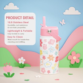 SANDJEST Water Bottle Stainless Steel with Straw Lid 12oz for Kids, Travel Tumbler, Gifts for Girls, Birthday, Christmas, Back To School (Floral)