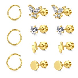 MODRSA Flat Back Earrings Gold Cartilage Earring Flat Back Stud Earrings Flatback Stud Earrings 20 Gauge Cartilage Earrings Screw Back Earring Sets for Multiple Piercing Helix Tragus Cartilage Hoops