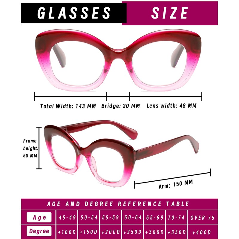 Hubeye 3 Pack Cat Eye Reading Glasses for Women Oversized