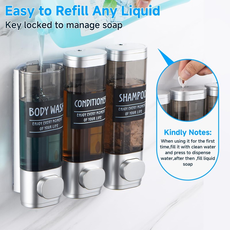 Shampoo and Conditioner Dispenser,GlintGath Shower Dispenser 3 Chamber No Drill