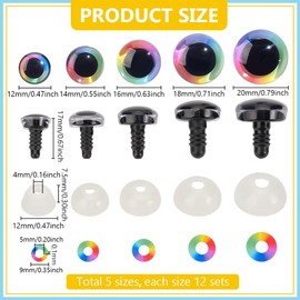 PH PandaHall 60 Sets Glitter Safety Eyes 5 Sizes 3D Rainbow Craft Eyes Amigurumi Eyes Crochet Stuffed Eyes with Washers for DIY Crafts Crochet Stuffed Animals Puppets Making 12/14/16/18/20 mm