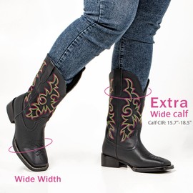 SheSole Women's Extra Wide Calf Cowboy Boots Square Toe – Pull-On Western Boots for Thick Calves, Stretch Comfort & Removable Insole, Classic Western Pattern (Black, X-Wide, 8)