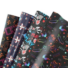ZCOINS 4 Sheets Video Game Wrapping Paper for Boys Kids 70 x 50CM, Colorful Blue Gaming Gift Wrap Bulk for Game Lover, Flat Gamepad Controller Art Paper for Birthday Baby Shower Theme Party DIY Crafts