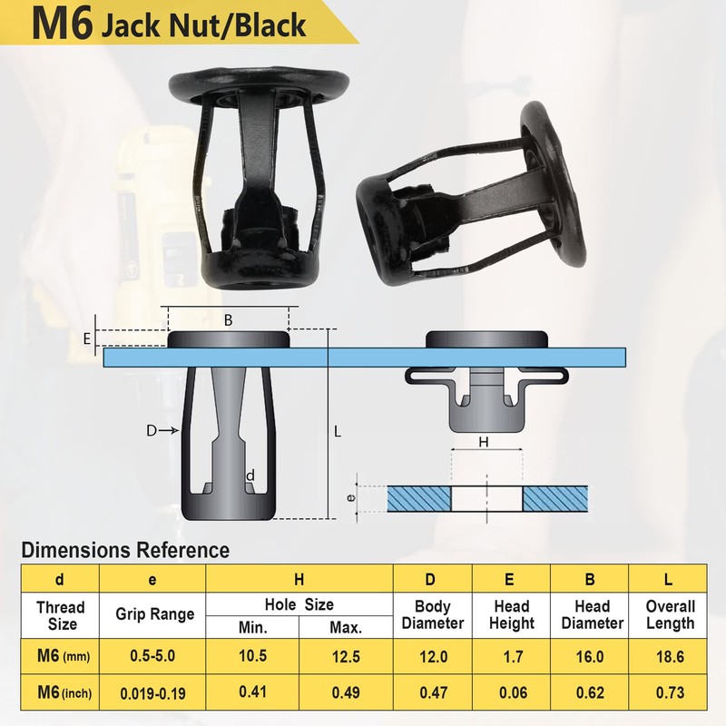 Black M6 Jack Nut with Installation Tool Threaded Insert Petal