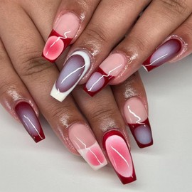 IMRAIN Press on Nails Long Coffin Fake Nails Red French Tips False Nails with Ombre Designs Full Cover Glossy Ballerina Artificial Nails Glue on Nails for Women 24Pcs
