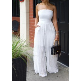 Tcremisa Women's Sexy Strapless Tube Jumpsuit Flowy Sleeveless Off Shoulder Wide Leg One Piece Ruffle Jumpsuits