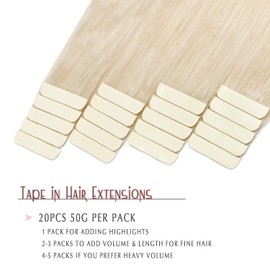 SURNEL Tape in Hair Extensions Human Hair Platinum Blonde Color 60 Real Hair Extensions 50g 20pcs Straight Invisible Reusable Tape in Human Hair Extensions for Women (20inch, 60)