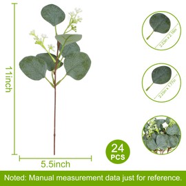 24PCS Artificial Eucalyptus Leaf Stems with White Seeds Plant Silver Dollar Eucalyptus Leaves Fake Green Leaf Stem Plant Wedding Bouquet Indoor Green Decorations (Round Leaves)