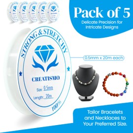 CREATISMO Pack of 5 clear elastic bracelet string for bracelet making 100m (0.5mm x 20m x 5 Spool), clear bracelet elastic for bracelet making string, bracelet elastic string for bracelets