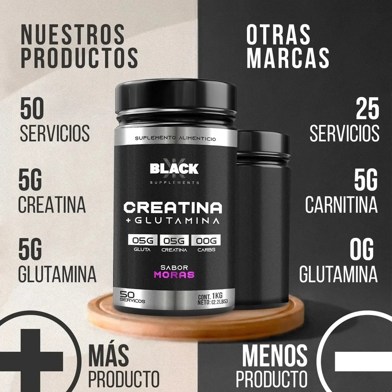 Black Creatina Glutamina 1 Kg 50 Servicios Varios Sabores