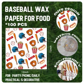 100Pcs Baseball Party Decortions Wax Paper Sheet For Food,12"x12", Deli Paper Sheets Burrito Wrappers Food Waterproof Oil-Proof Picnic Basket Liners