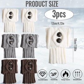 Mount Kumgang 3 Pairs Women's Knitted Leg Warmers, Knitted Leg Warmers, Warm, Slouch Button Design, Short Ankle Warmers, for Women - White, Coffee, Grey, White, Coffee, Grey