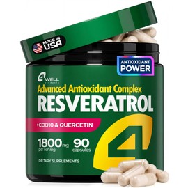 4Well Products - Complejo de suplemento de resveratrol de 1800 mg: COQ10, quercetina, vitamina E, ascorbato de calcio. Potente fórmula an...