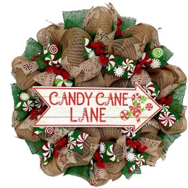 Christmas Wreath Cane Lane Handmade Deco Mesh Available in 24 or 28 inch diameters