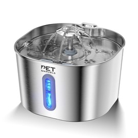 Pet Marvels 2.2 Liter Pet Water Fountain for Cats & Dogs - 304 Stainless Steel, Filter, Pump, Quiet Indoor Operation 23 x 23 x 13