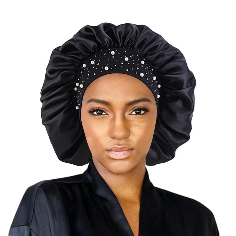 YeeMan Hair Bonnet Glittering Pearls and Rhinestones Satin Bonnet Wide