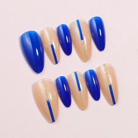 BABALAL Press on Nails Medium Almond Fake Nails Royal Blue Glue on Nails Gold Glitter Bling Acrylic Nails 24Pcs False Nails Manicure Stick on Nails Stiletto Glossy Gel Nails