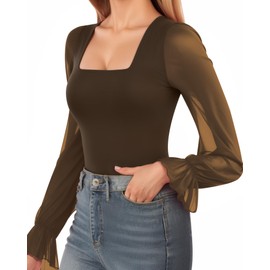 MANGOPOP Square Neck Long Sleeve Bodysuit for Women Mesh Ruffle Sleeves Going Out Tops, Coffee, X-Large
