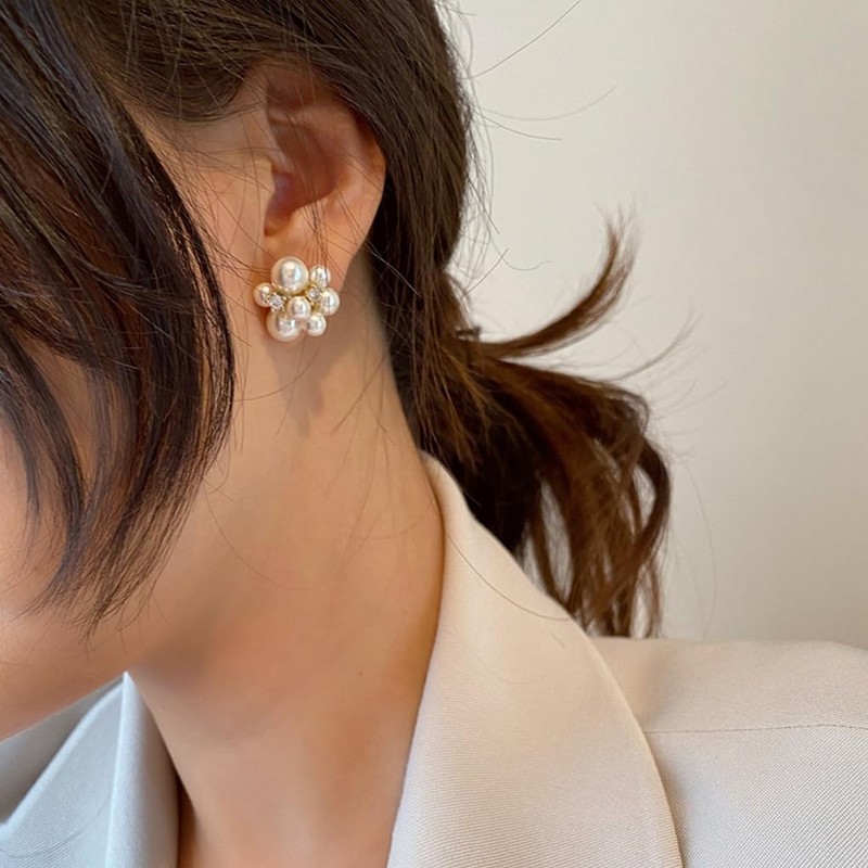 Pearl Stud Earrings for Women,Large Pearl Cluster Earrings,Cute Big Beaded