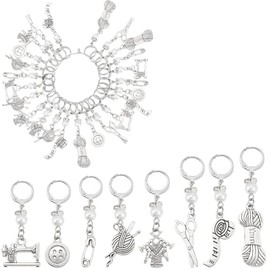 SUNNYCLUE 1 Box 24Pcs 8 Styles Silver Metal Stitch Markers Crochet Themed Stitch Marker Charms Bulk Alloy Sewing Machine Thread Scissors Lobster Clasp Charms for Weaving Knitting Accessorie DIY Craft