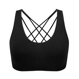 Cross Back Sports Bras for Women Padded Strappy Cropped Bras Medium Support for Yoga Fitness Workout (L, Black)