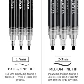 SFAIH Acrylic Black Paint Pens - 8 Pack 2-3MM Medium Tip & 0.7MM Extra Fine White Paint Marker for Rock Painting, Wood, Metal, Fabric, Plastic, Canvas, Glass, Ceramic, Diy Crafts