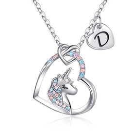 Tingn Unicorn Necklace Gifts for Girls, 14C White Gold-Plated Initials, Heart Pendant, Cubic Zirconia Unicorn & Letter Chain for Birthdays, Unicorn Gift, Jewellery, Brass, Cubic Zirconia