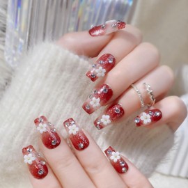 Short Press on Nails Coffin Fake Nails 5D White Flower Rhinestones Glitter Designs Glue on Nails Red Gradient Nails Press ons Short Coffin False Nails Artificial Stick on Nails for Women 24Pcs